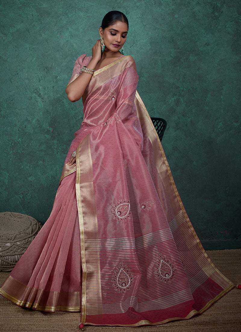 Monjolika Fashion Elegant Light Pink Color Tissue Linen Khatli Hand Work Saree | Grocsy