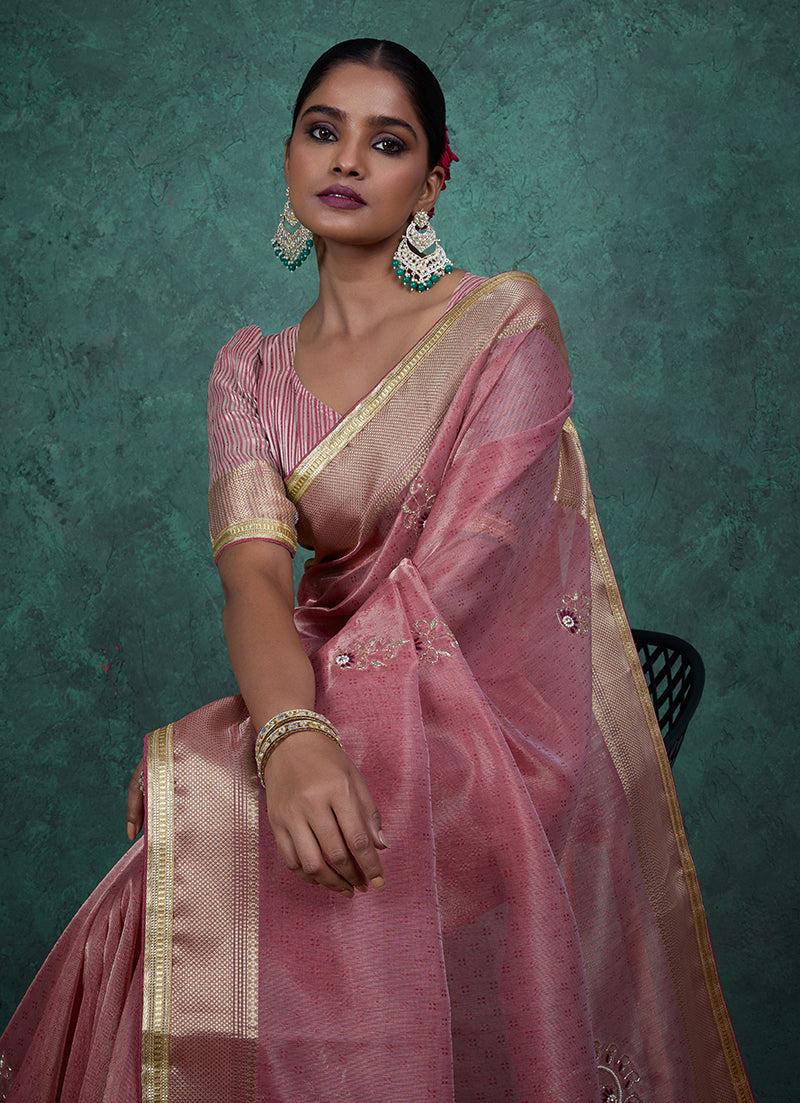 Monjolika Fashion Elegant Light Pink Color Tissue Linen Khatli Hand Work Saree | Grocsy