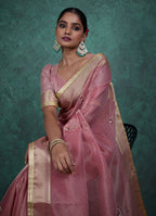 Monjolika Fashion Elegant Light Pink Color Tissue Linen Khatli Hand Work Saree | Grocsy