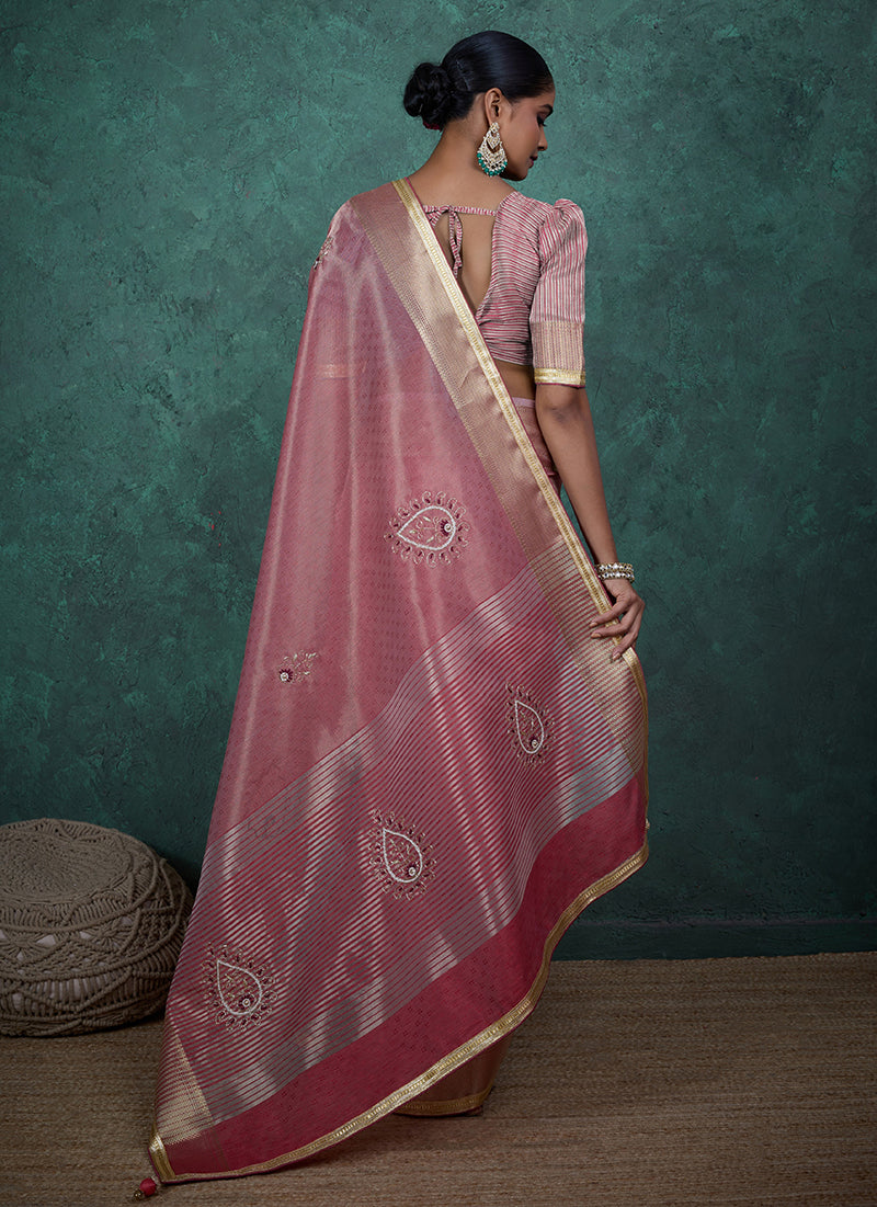 Monjolika Fashion Elegant Light Pink Color Tissue Linen Khatli Hand Work Saree | Grocsy