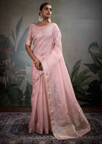 Monjolika Fashion Beautiful Light Pink Color Tissue Linen Khatli Hand Work Classic Saree | Grocsy