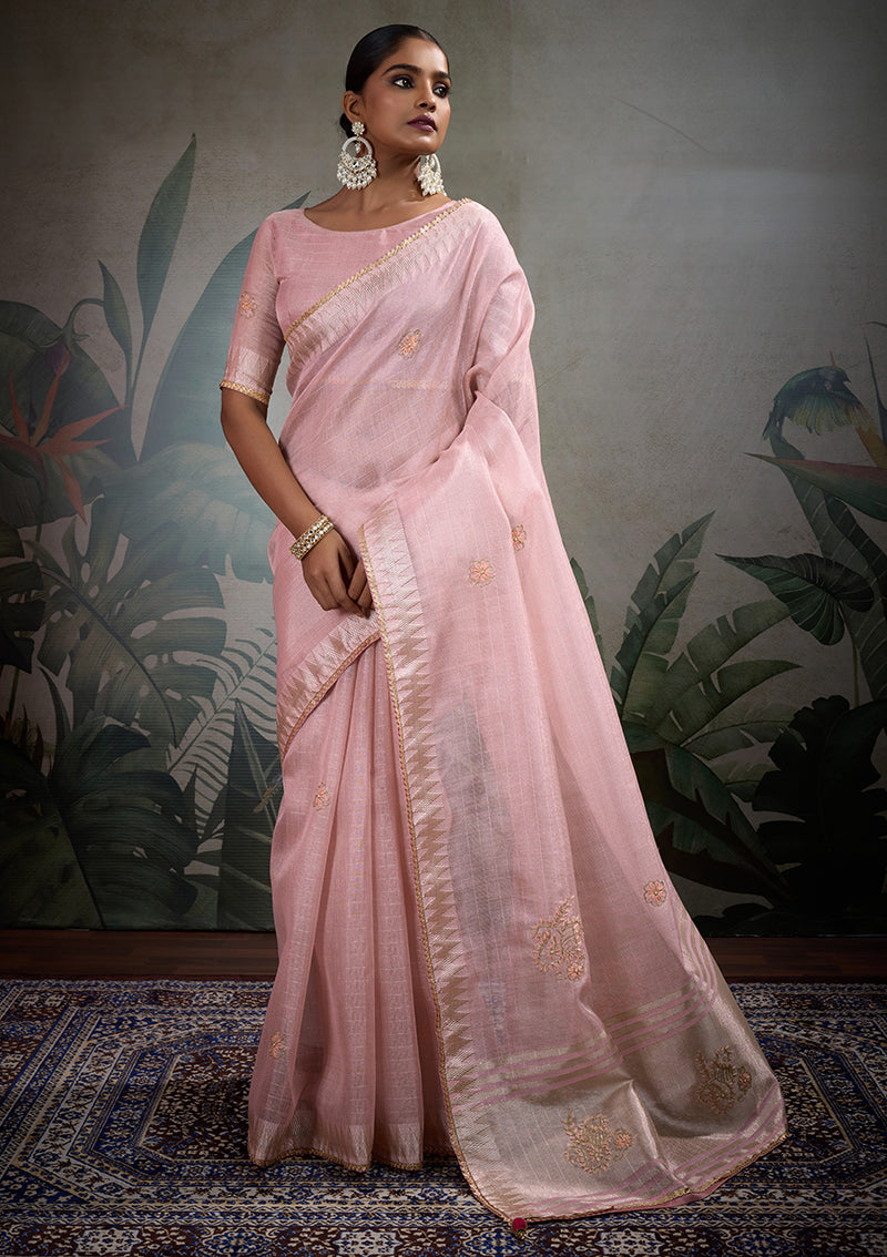Monjolika Fashion Beautiful Light Pink Color Tissue Linen Khatli Hand Work Classic Saree | Grocsy