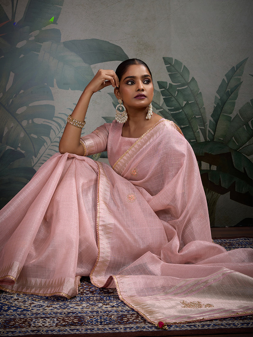 Monjolika Fashion Beautiful Light Pink Color Tissue Linen Khatli Hand Work Classic Saree | Grocsy