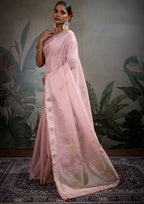 Monjolika Fashion Beautiful Light Pink Color Tissue Linen Khatli Hand Work Classic Saree | Grocsy