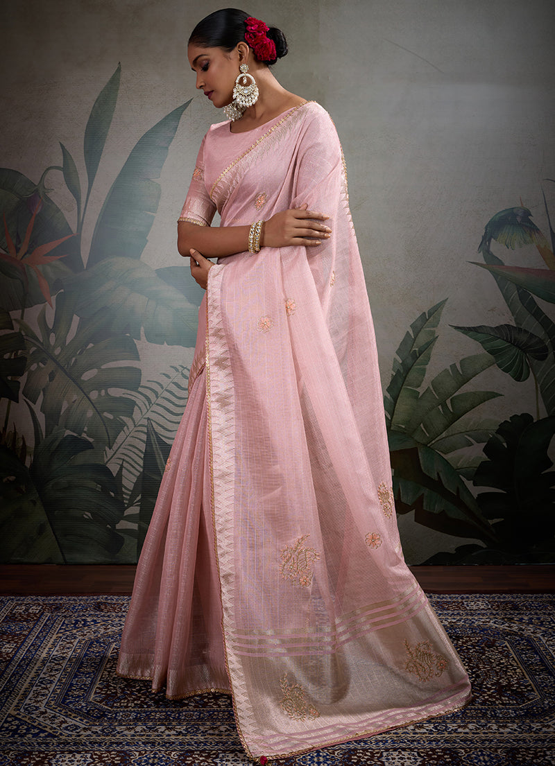 Monjolika Fashion Beautiful Light Pink Color Tissue Linen Khatli Hand Work Classic Saree | Grocsy