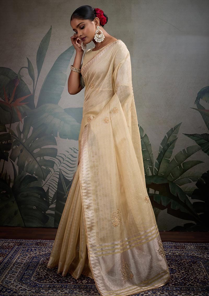 Monjolika Fashion Beautiful Light Yellow Color Tissue Linen Khatli Hand Work Classic Saree | Grocsy