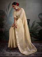 Monjolika Fashion Beautiful Light Yellow Color Tissue Linen Khatli Hand Work Classic Saree | Grocsy