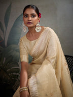 Monjolika Fashion Beautiful Light Yellow Color Tissue Linen Khatli Hand Work Classic Saree | Grocsy
