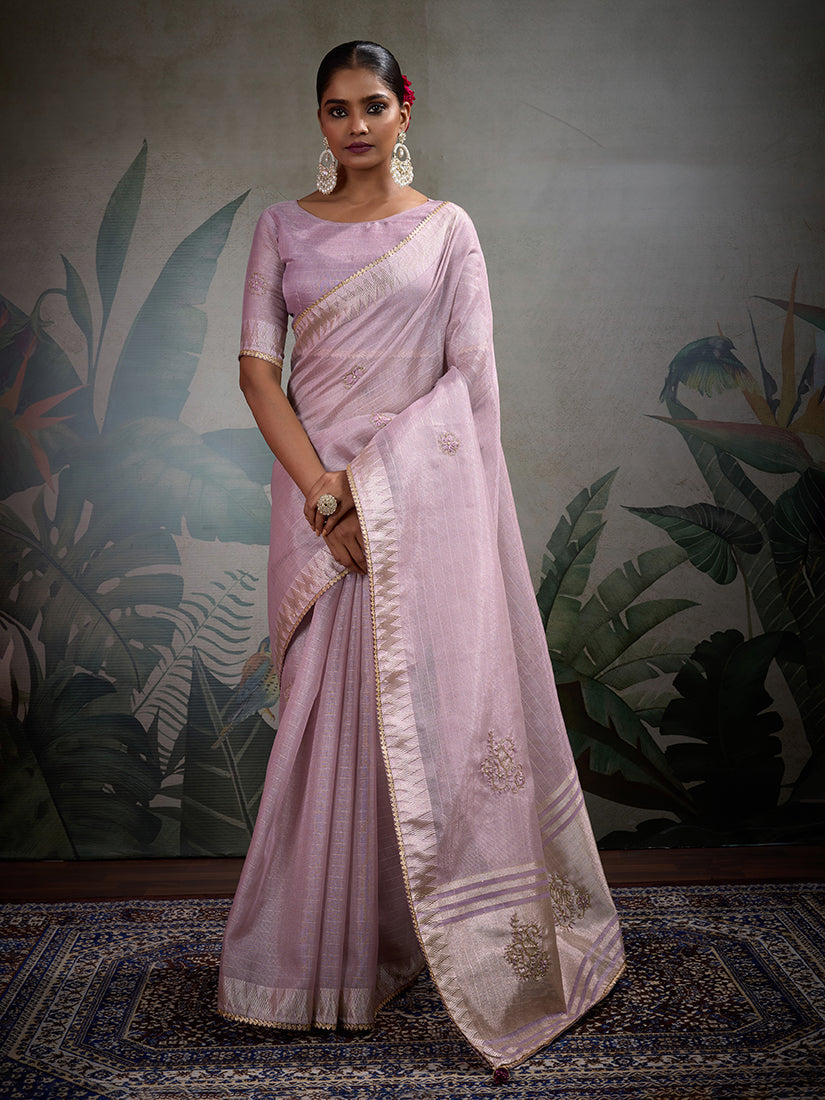 Monjolika Fashion Beautiful Lilac Color Tissue Linen Khatli Hand Work Classic Saree | Grocsy