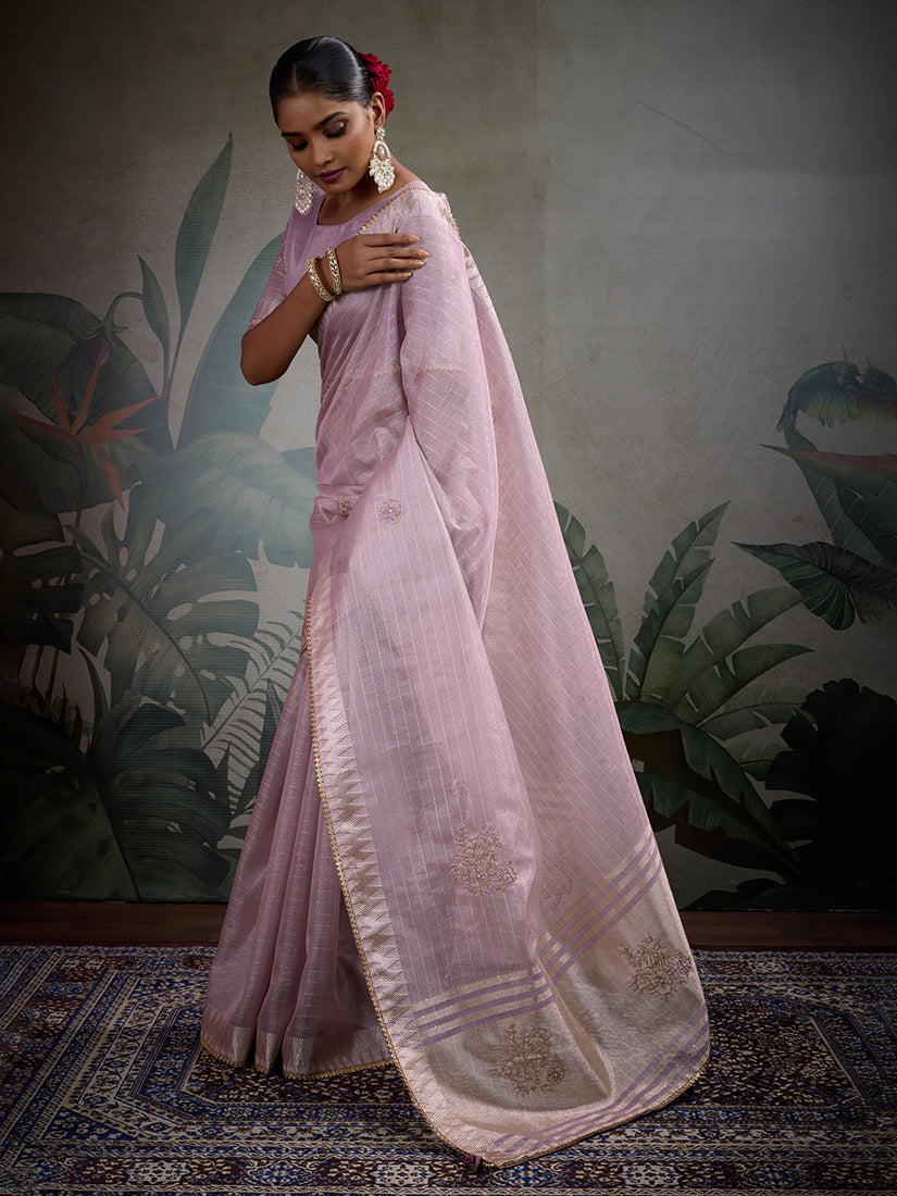 Monjolika Fashion Beautiful Lilac Color Tissue Linen Khatli Hand Work Classic Saree | Grocsy