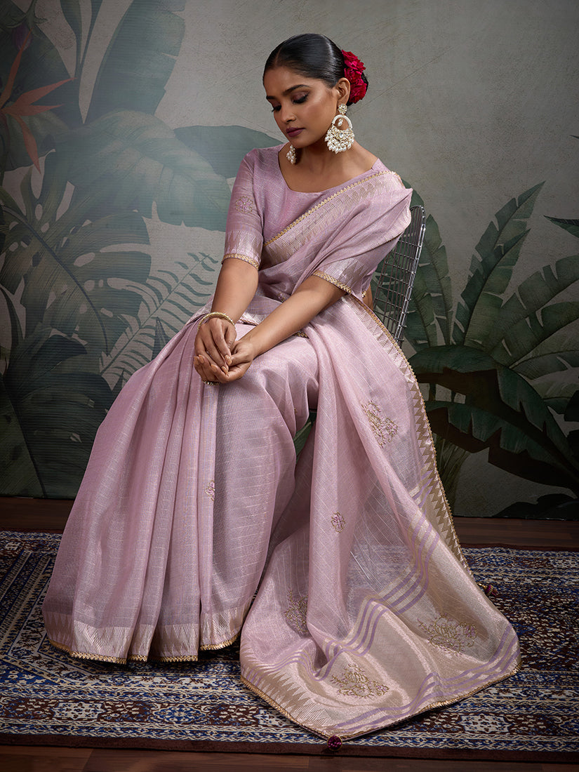Monjolika Fashion Beautiful Lilac Color Tissue Linen Khatli Hand Work Classic Saree | Grocsy