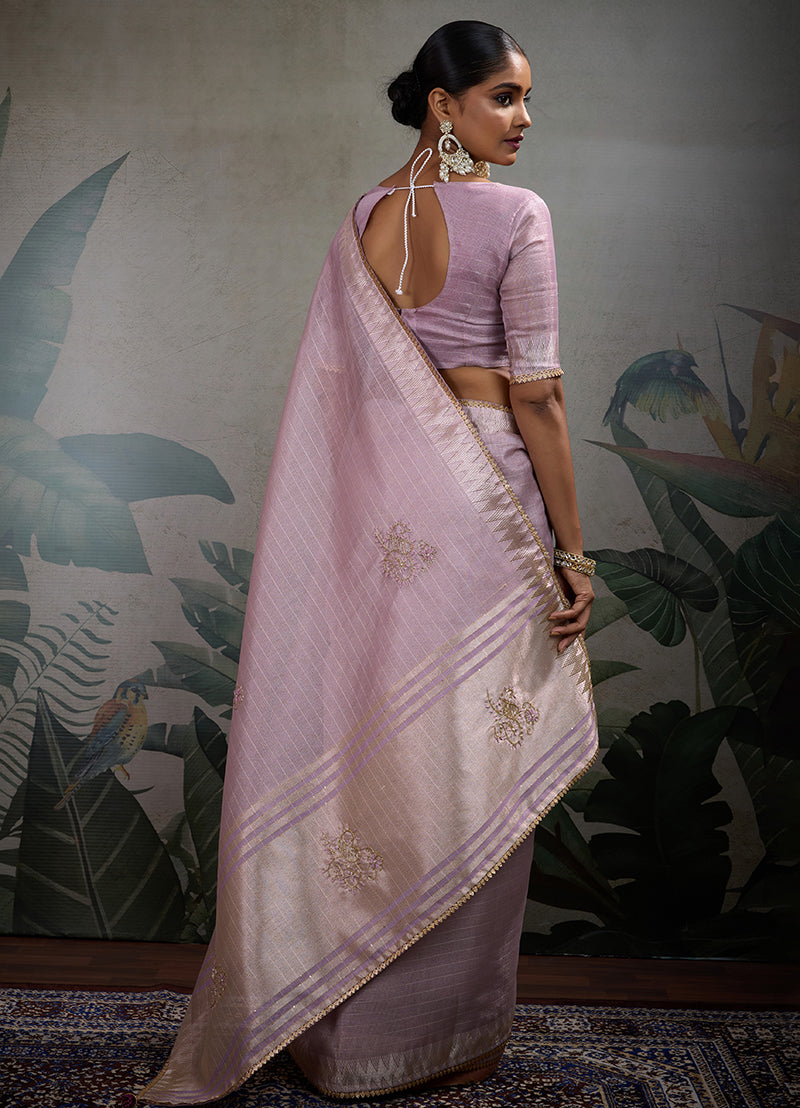 Monjolika Fashion Beautiful Lilac Color Tissue Linen Khatli Hand Work Classic Saree | Grocsy