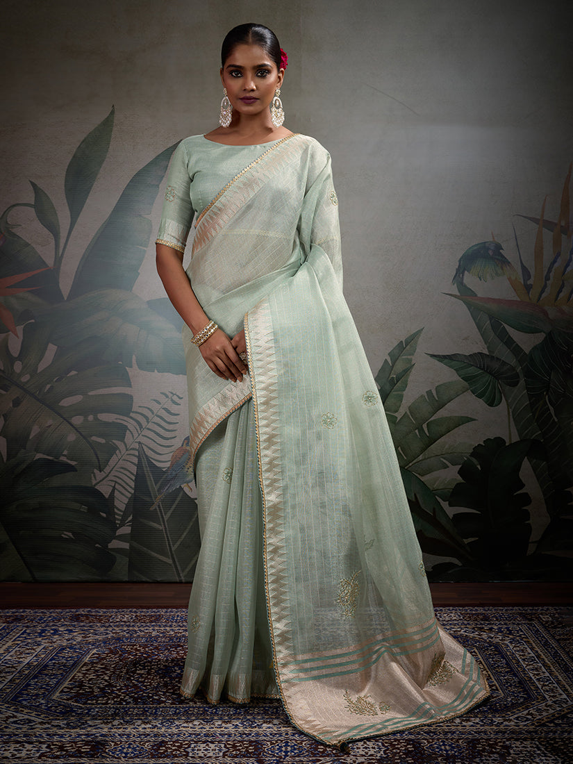 Monjolika Fashion Beautiful Light Blue Color Tissue Linen Khatli Hand Work Classic Saree | Grocsy