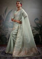 Monjolika Fashion Beautiful Light Blue Color Tissue Linen Khatli Hand Work Classic Saree | Grocsy
