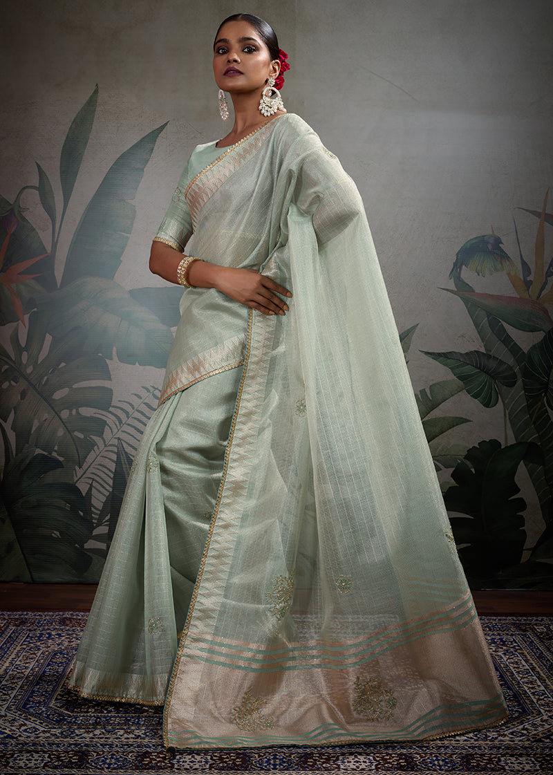 Monjolika Fashion Beautiful Light Blue Color Tissue Linen Khatli Hand Work Classic Saree | Grocsy