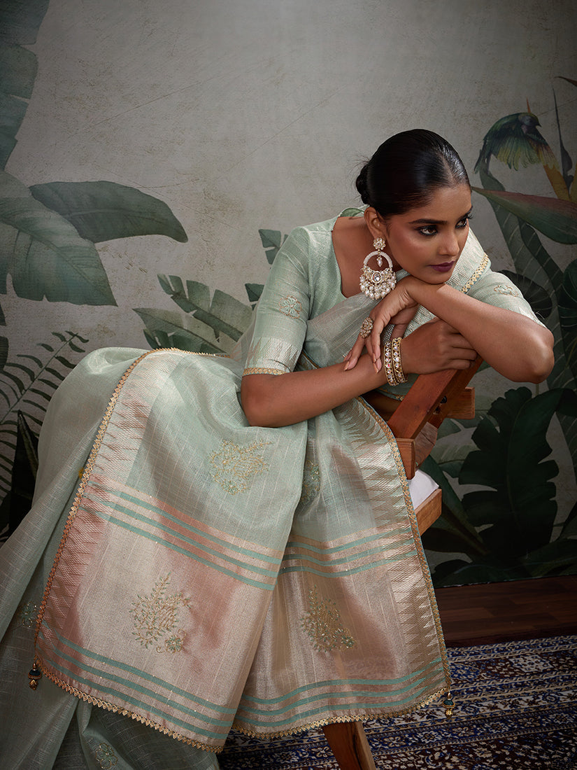 Monjolika Fashion Beautiful Light Blue Color Tissue Linen Khatli Hand Work Classic Saree | Grocsy