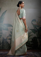 Monjolika Fashion Beautiful Light Blue Color Tissue Linen Khatli Hand Work Classic Saree | Grocsy
