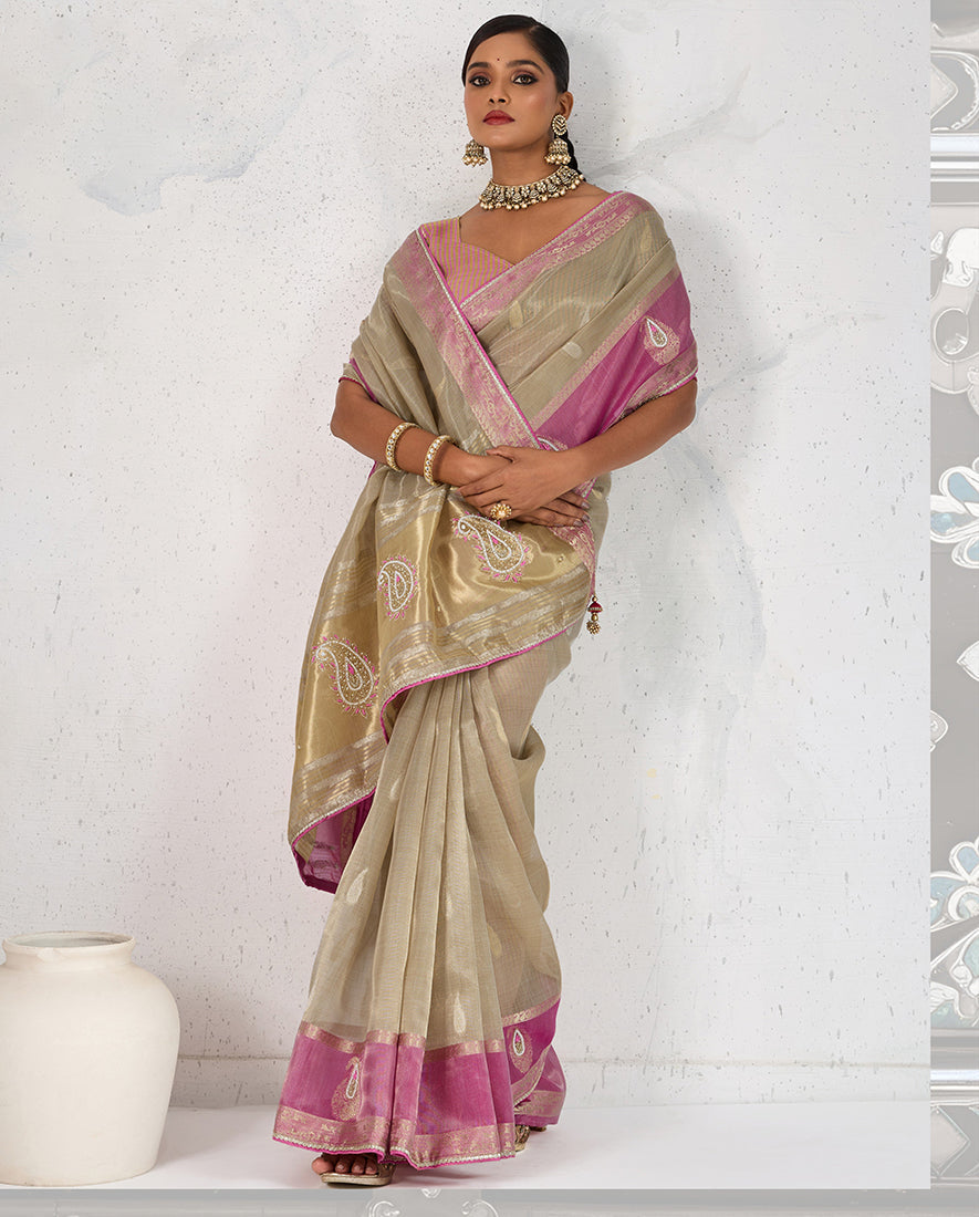 Monjolika Fashion Charming Chiku Soft Tissue Linen Saree With Pretty Blouse Piece | Grocsy