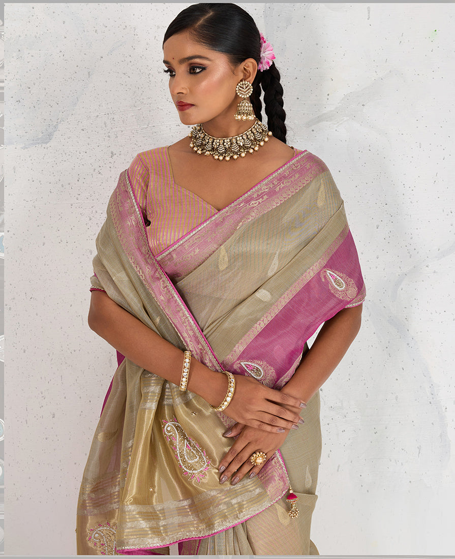 Monjolika Fashion Charming Chiku Soft Tissue Linen Saree With Pretty Blouse Piece | Grocsy