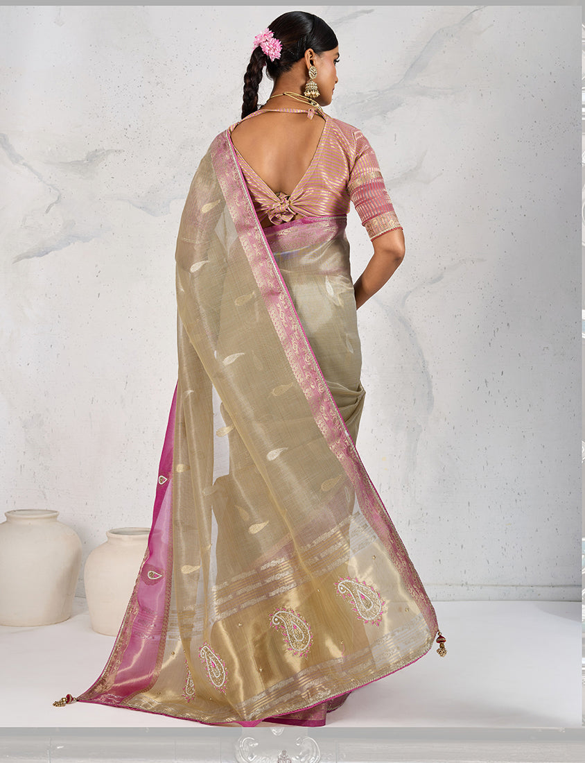 Monjolika Fashion Charming Chiku Soft Tissue Linen Saree With Pretty Blouse Piece | Grocsy