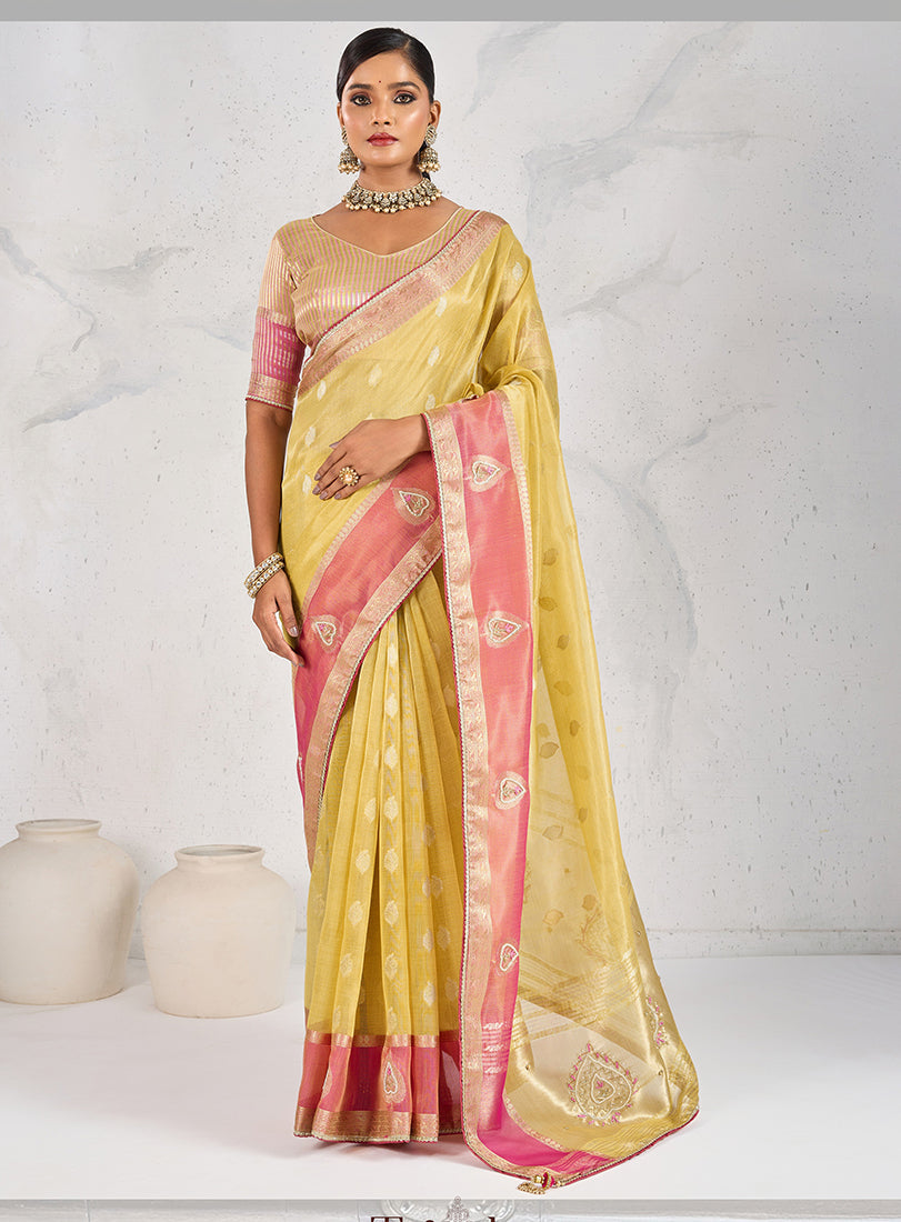 Monjolika Fashion Charming Yellow Soft Tissue Linen Saree With Pretty Blouse Piece | Grocsy