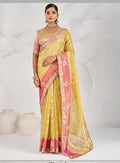 Monjolika Fashion Charming Yellow Soft Tissue Linen Saree With Pretty Blouse Piece | Grocsy