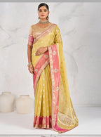 Monjolika Fashion Charming Yellow Soft Tissue Linen Saree With Pretty Blouse Piece | Grocsy