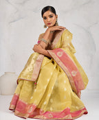 Monjolika Fashion Charming Yellow Soft Tissue Linen Saree With Pretty Blouse Piece | Grocsy