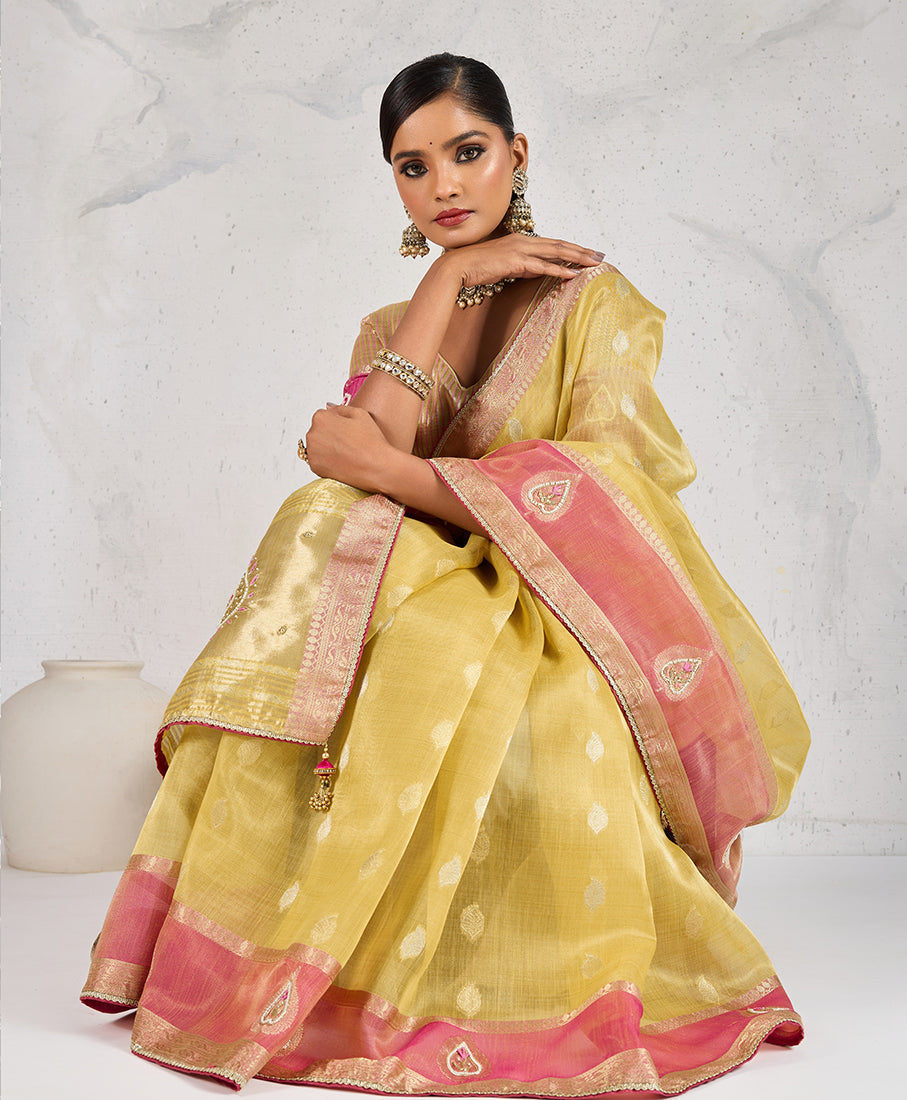 Monjolika Fashion Charming Yellow Soft Tissue Linen Saree With Pretty Blouse Piece | Grocsy