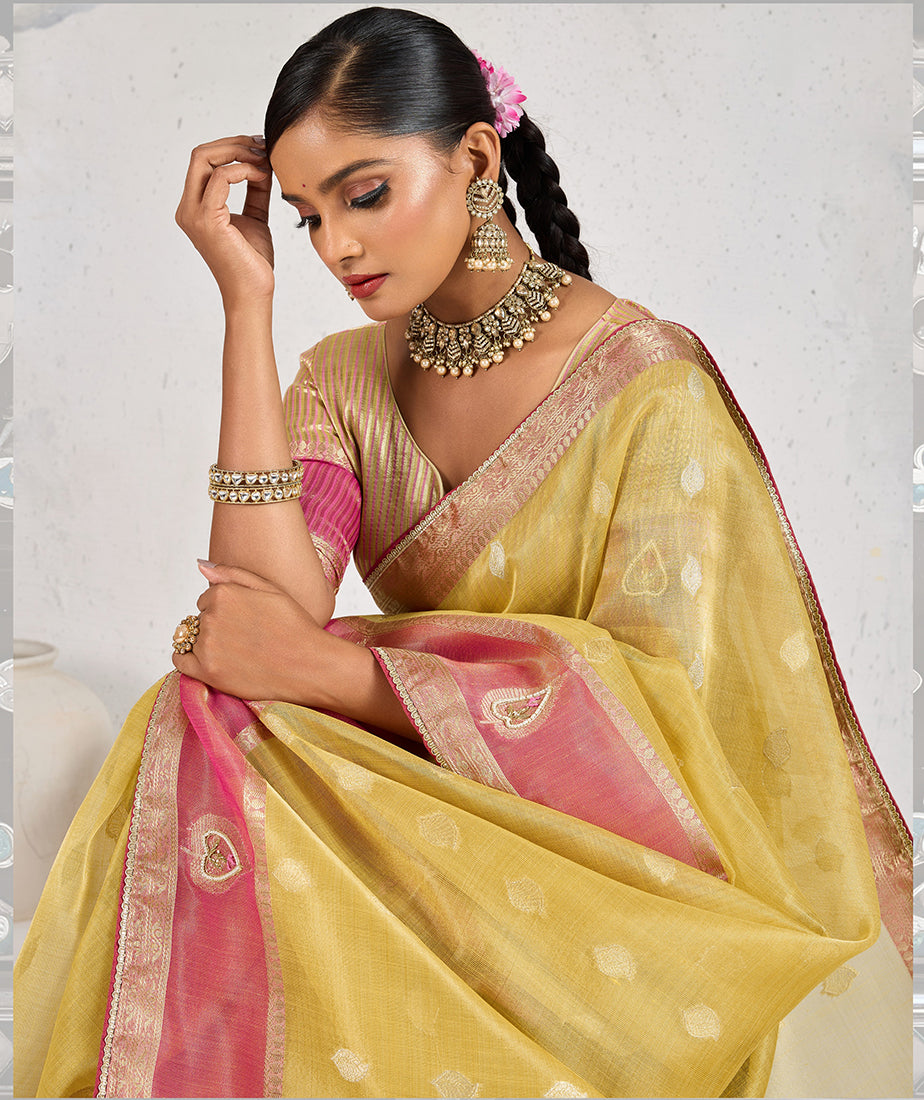 Monjolika Fashion Charming Yellow Soft Tissue Linen Saree With Pretty Blouse Piece | Grocsy