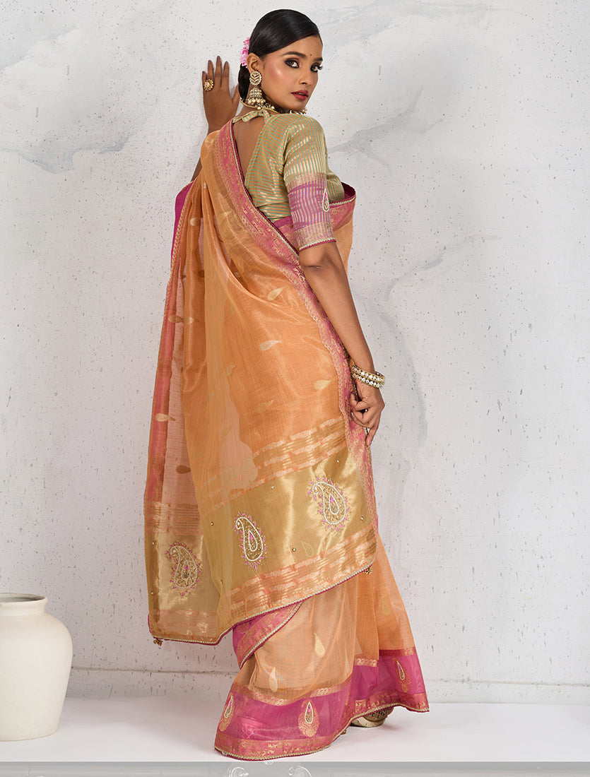 Monjolika Fashion Charming Light Orange Soft Tissue Linen Saree With Pretty Blouse Piece | Grocsy