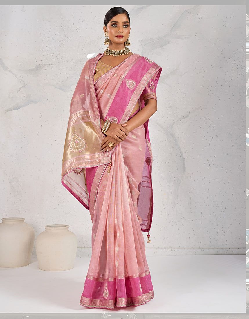 Monjolika Fashion Charming Light Pink Soft Tissue Linen Saree With Pretty Blouse Piece | Grocsy