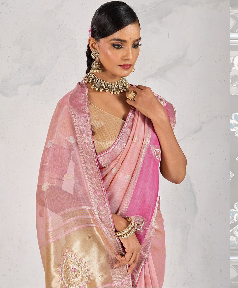 Monjolika Fashion Charming Light Pink Soft Tissue Linen Saree With Pretty Blouse Piece | Grocsy