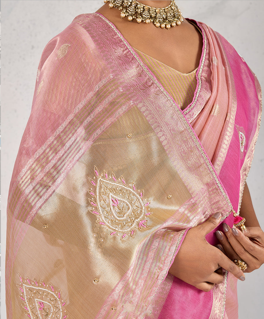 Monjolika Fashion Charming Light Pink Soft Tissue Linen Saree With Pretty Blouse Piece | Grocsy