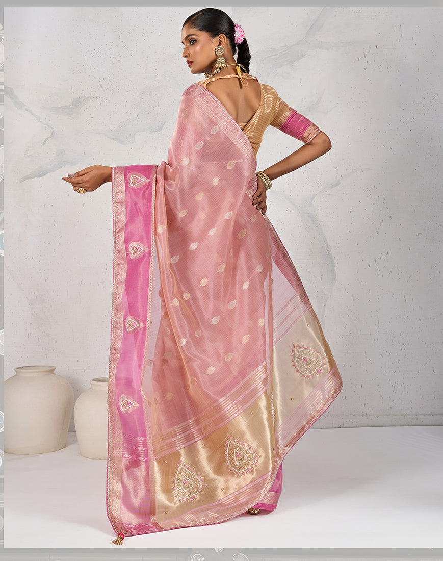 Monjolika Fashion Charming Light Pink Soft Tissue Linen Saree With Pretty Blouse Piece | Grocsy