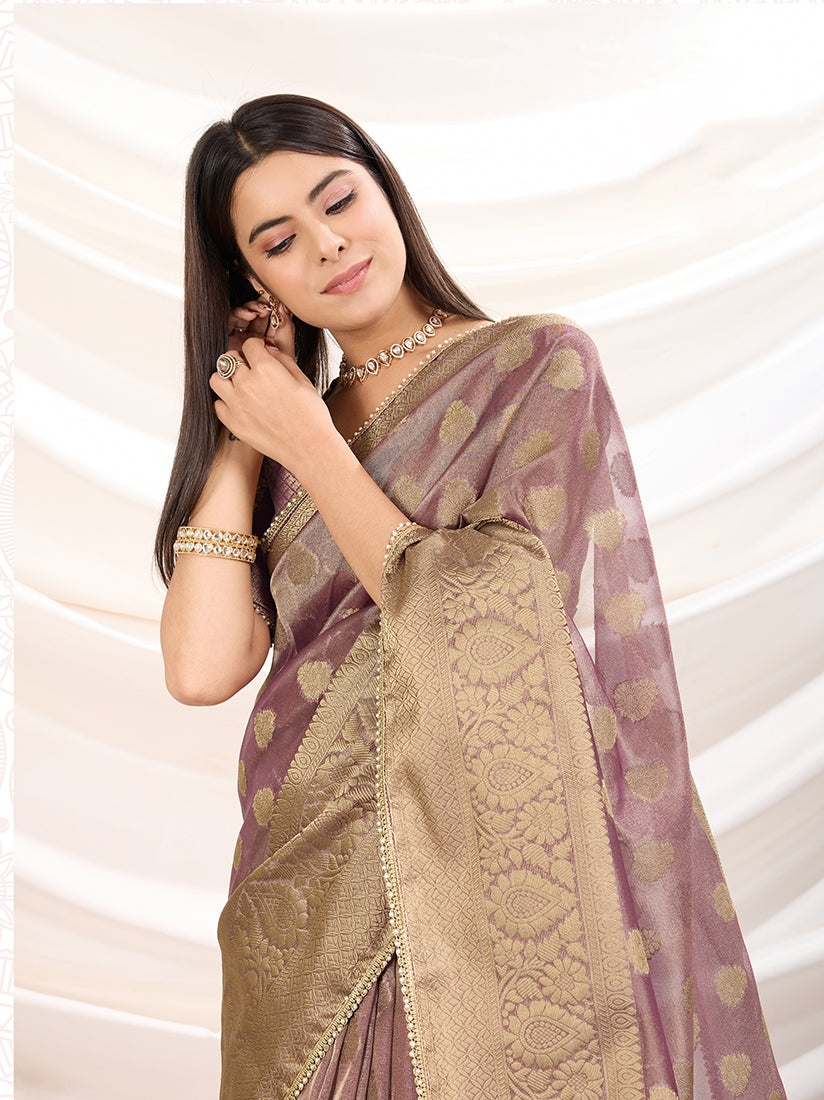 Monjolika Fashion Ethnic Light Purple Crush Tissue Designer Saree | Grocsy