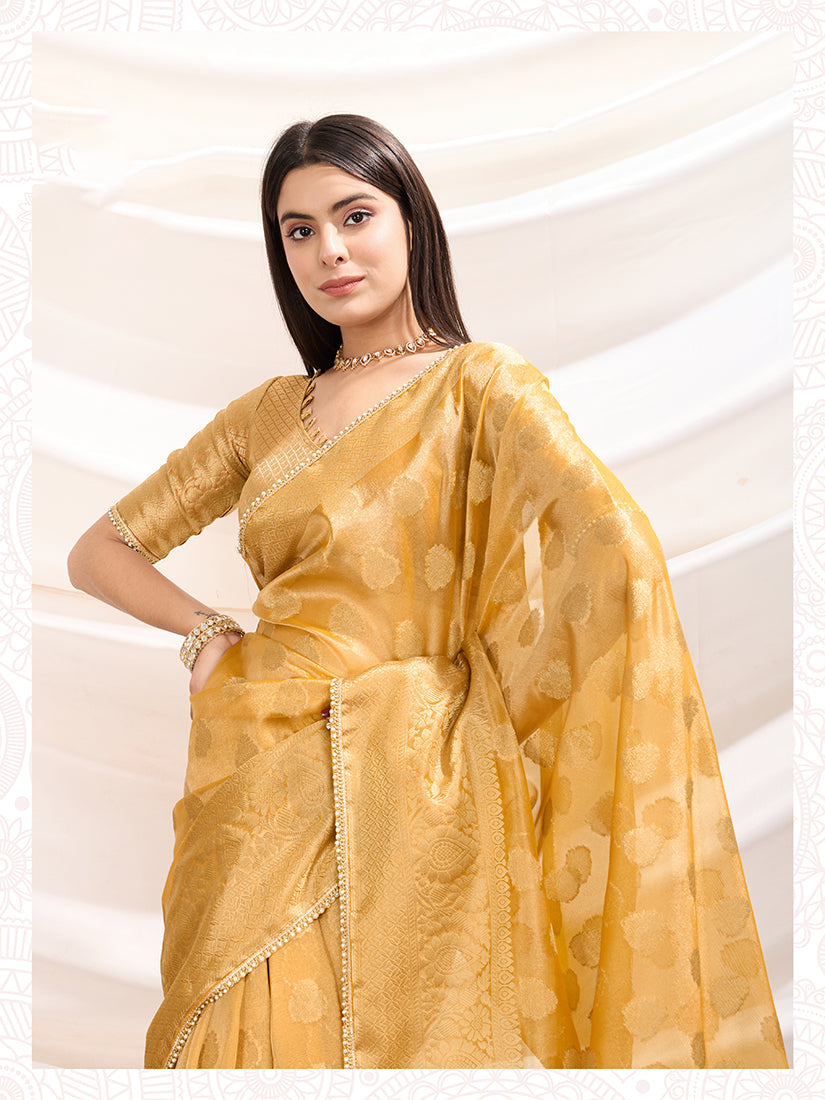 Monjolika Fashion Ethnic Light Yellow Crush Tissue Designer Saree | Grocsy