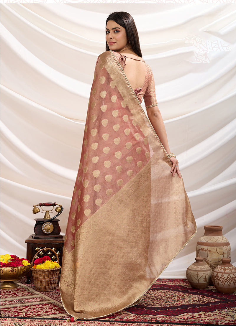 Monjolika Fashion Ethnic Light Peach Crush Tissue Designer Saree | Grocsy