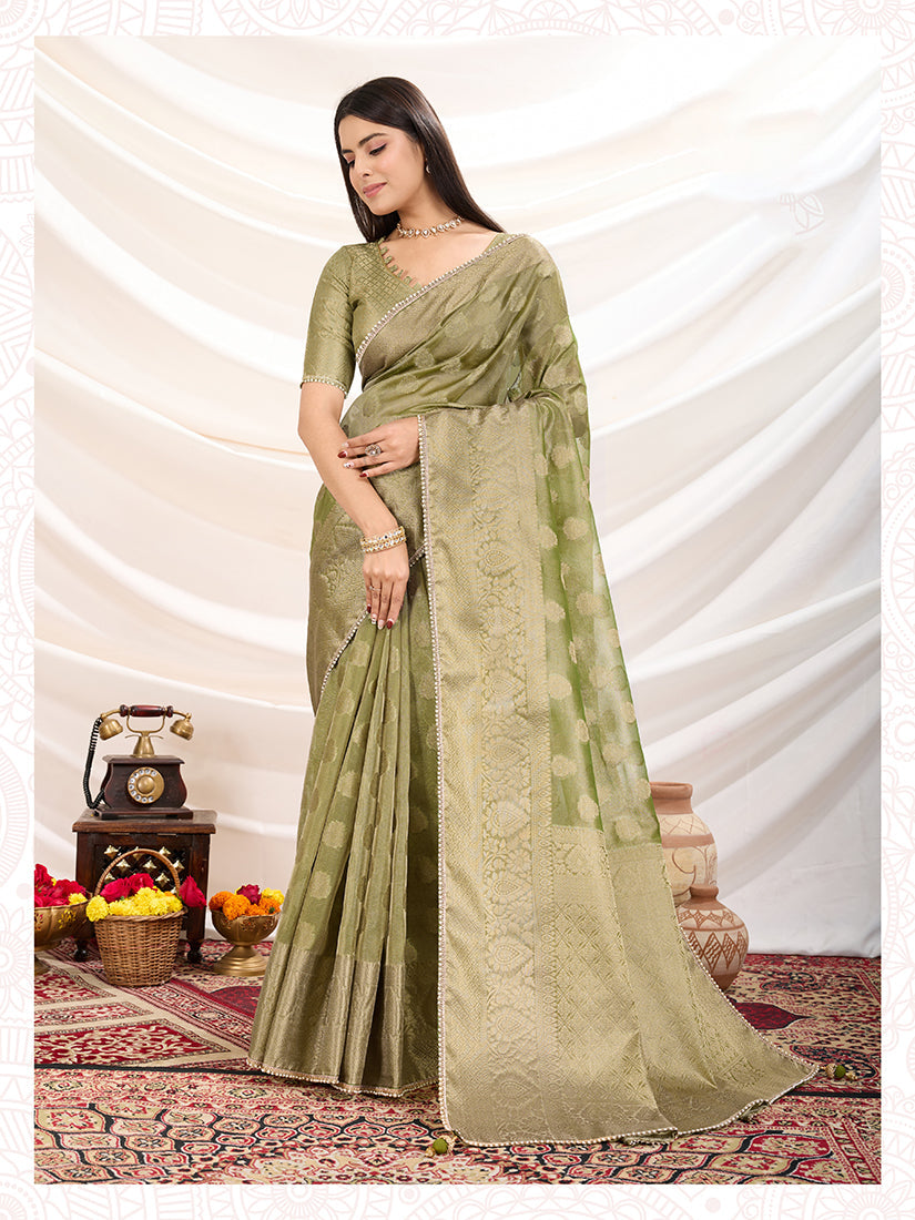 Monjolika Fashion Ethnic Light Green Crush Tissue Designer Saree | Grocsy