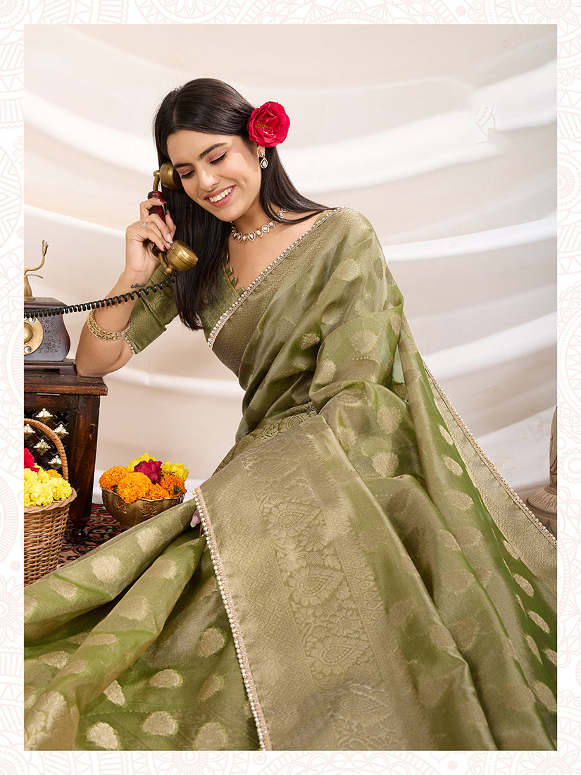 Monjolika Fashion Ethnic Light Green Crush Tissue Designer Saree | Grocsy