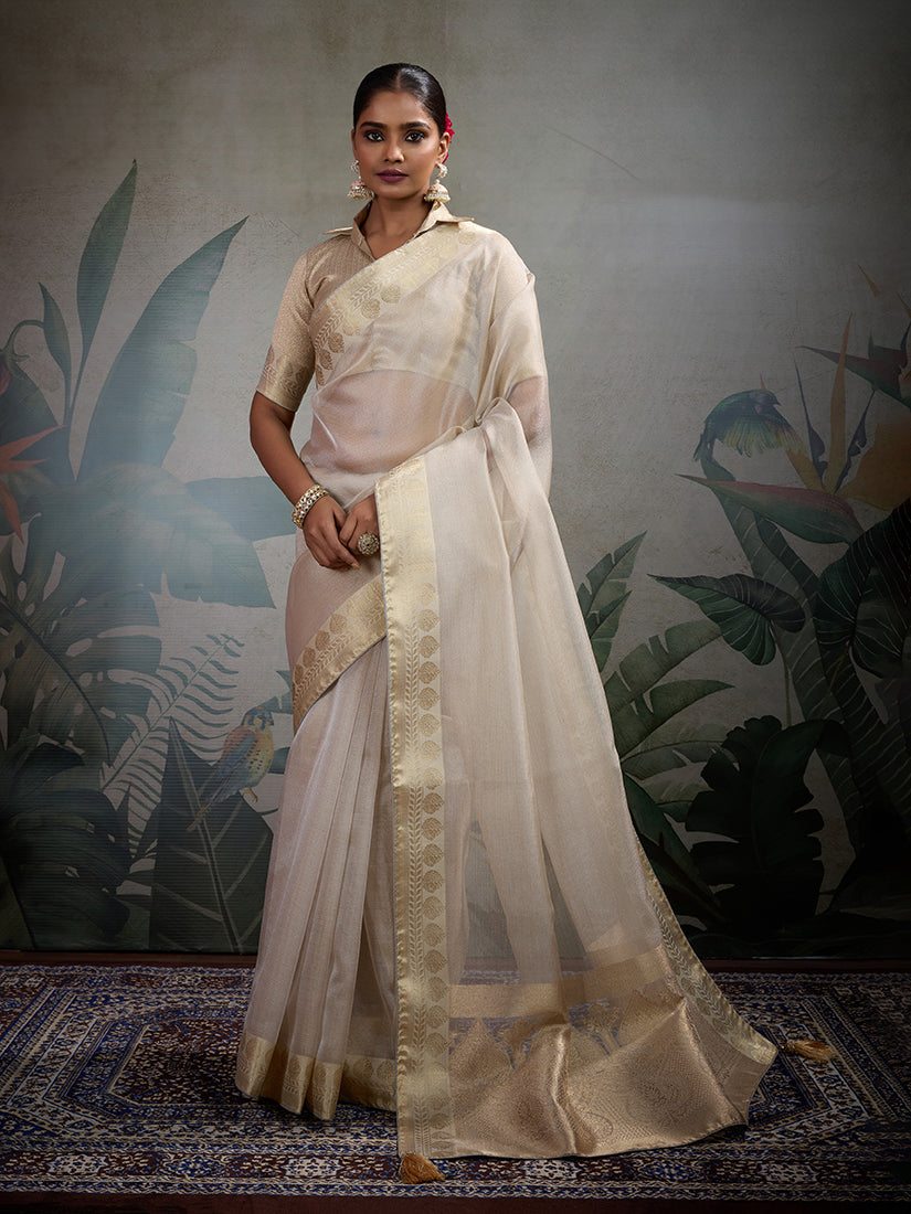 Monjolika Fashion Moiety Off White Soft Tissue Silk Saree With Tissue Brocade Blouse Piece | Grocsy