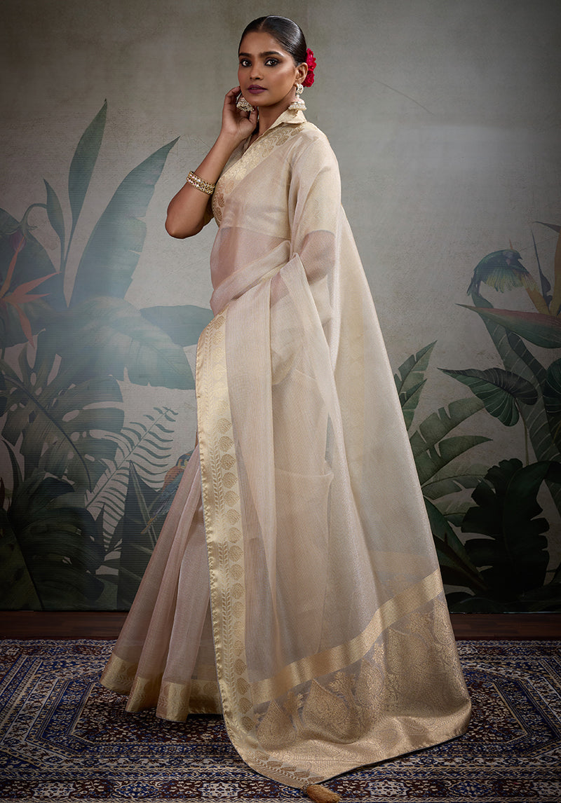 Monjolika Fashion Moiety Off White Soft Tissue Silk Saree With Tissue Brocade Blouse Piece | Grocsy