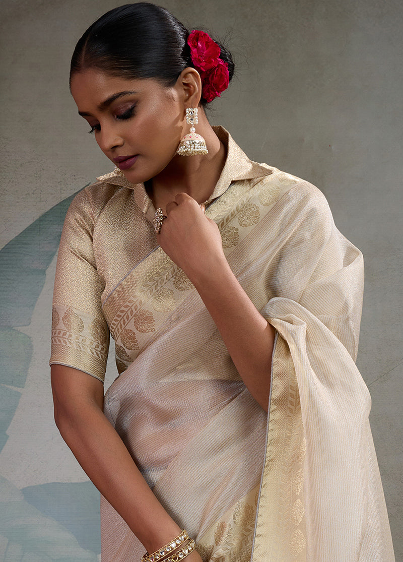 Monjolika Fashion Moiety Off White Soft Tissue Silk Saree With Tissue Brocade Blouse Piece | Grocsy