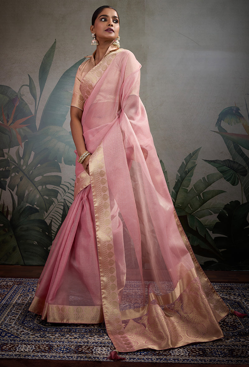 Monjolika Fashion Moiety Light Pink Soft Tissue Silk Saree With Tissue Brocade Blouse Piece | Grocsy