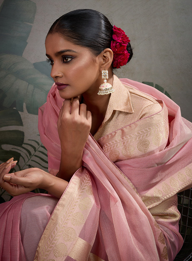 Monjolika Fashion Moiety Light Pink Soft Tissue Silk Saree With Tissue Brocade Blouse Piece | Grocsy