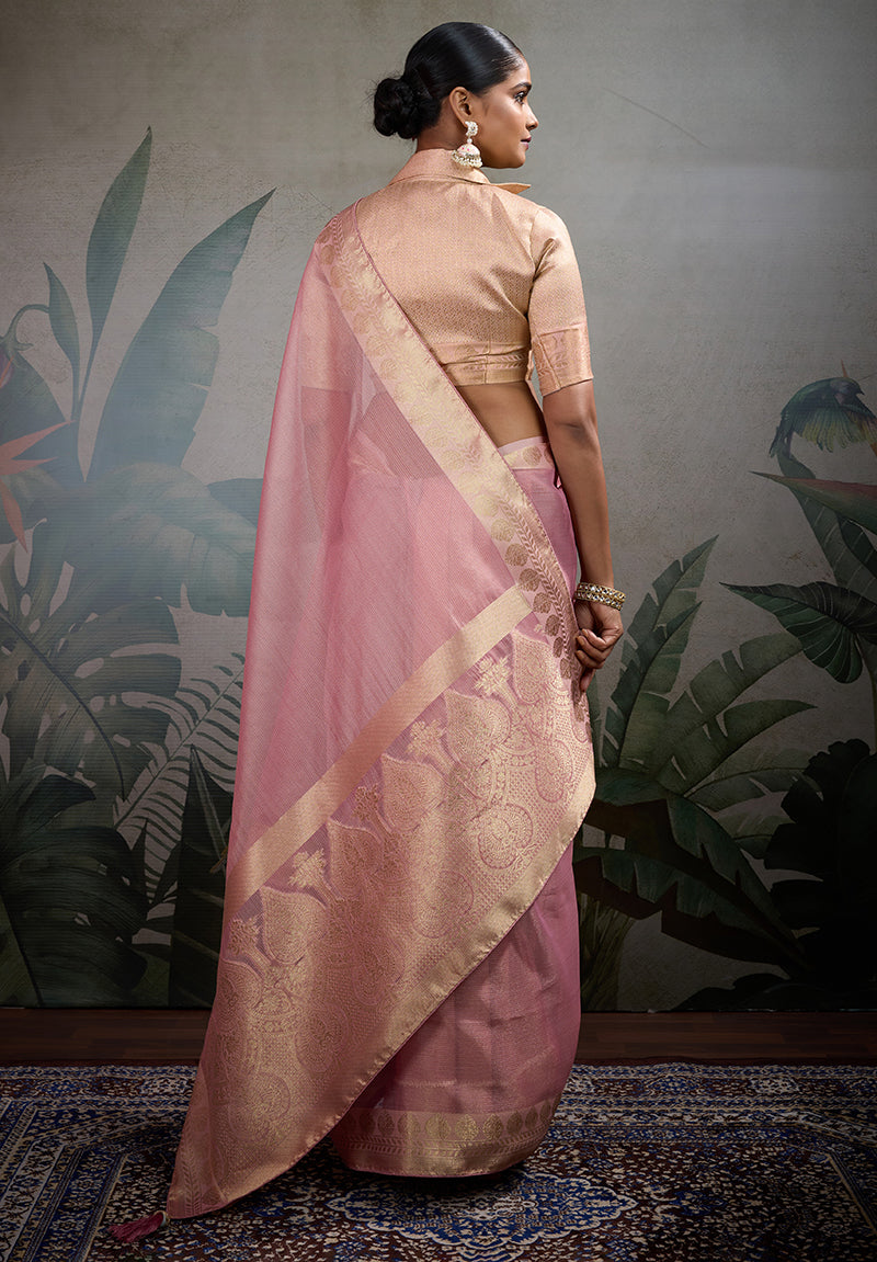 Monjolika Fashion Moiety Light Pink Soft Tissue Silk Saree With Tissue Brocade Blouse Piece | Grocsy