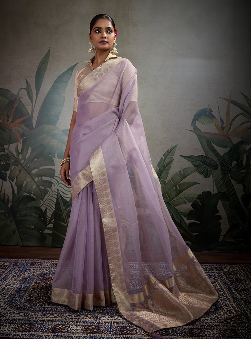 Monjolika Fashion Moiety Light Purple Soft Tissue Silk Saree With Tissue Brocade Blouse Piece | Grocsy