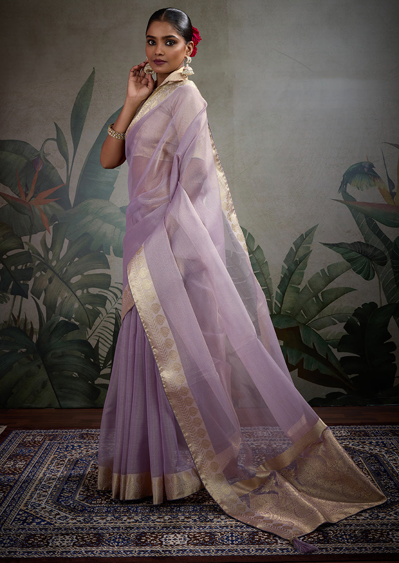 Monjolika Fashion Moiety Light Purple Soft Tissue Silk Saree With Tissue Brocade Blouse Piece | Grocsy