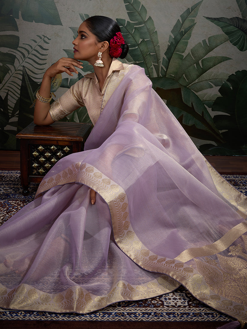 Monjolika Fashion Moiety Light Purple Soft Tissue Silk Saree With Tissue Brocade Blouse Piece | Grocsy
