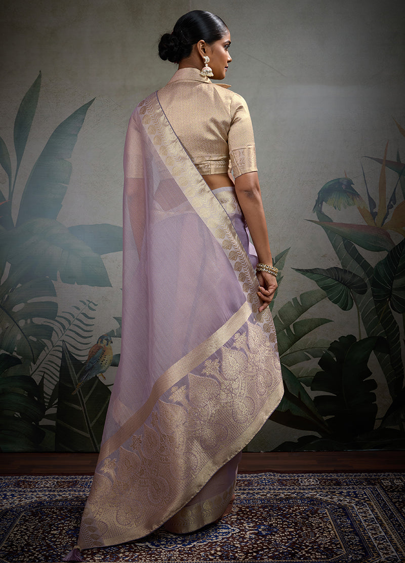 Monjolika Fashion Moiety Light Purple Soft Tissue Silk Saree With Tissue Brocade Blouse Piece | Grocsy